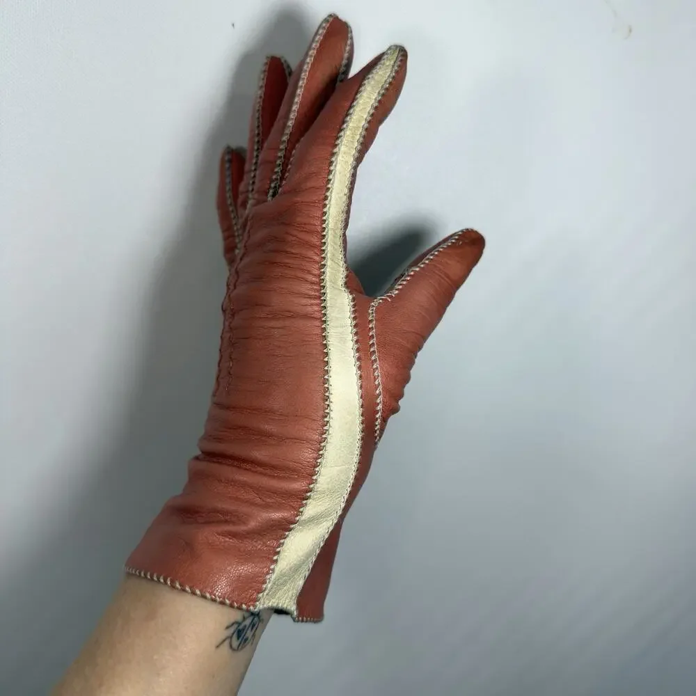 Vintage Kin Kid Leather Colorblock Gloves Ivory Orange Tablecut Size 6.5 1950s